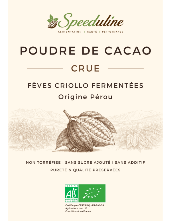 poudre-de-cacao-crue non fermentée, bio, équitable, non sucrée.