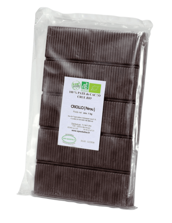 Plaque 900 g de pâte de cacao criollo du pérou pure et crue.