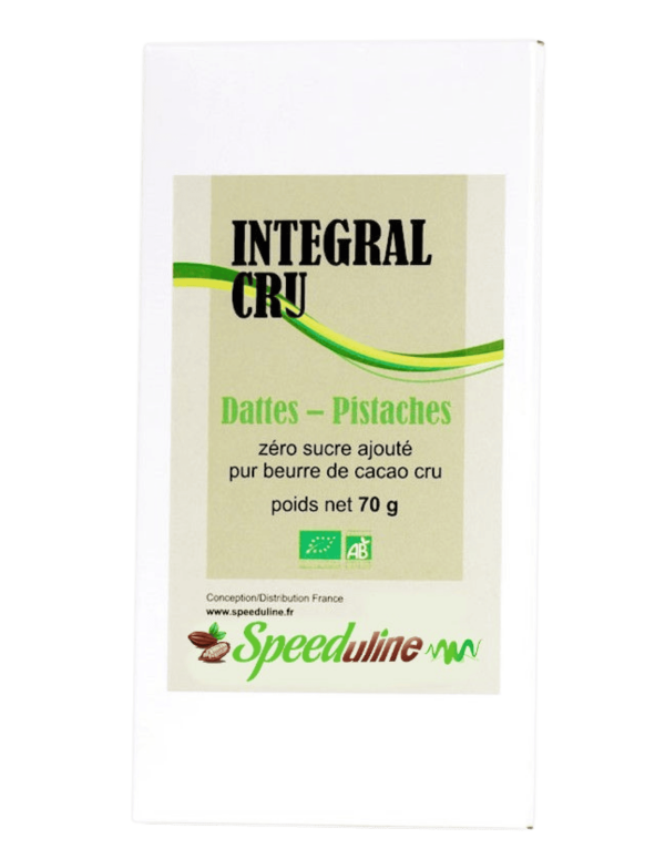Intégral cru bio dattes-pistaches. Chocolat autorisé aux diabétiques.