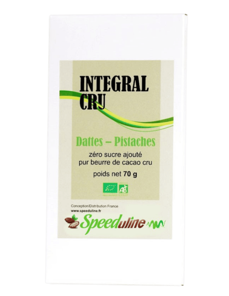 Intégral cru bio dattes-pistaches. Chocolat autorisé aux diabétiques.