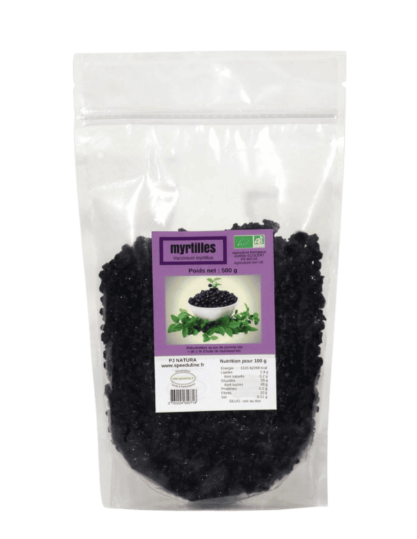 Myrtilles sauvages bio sachet 500 g, réhydratées au jus de pomme