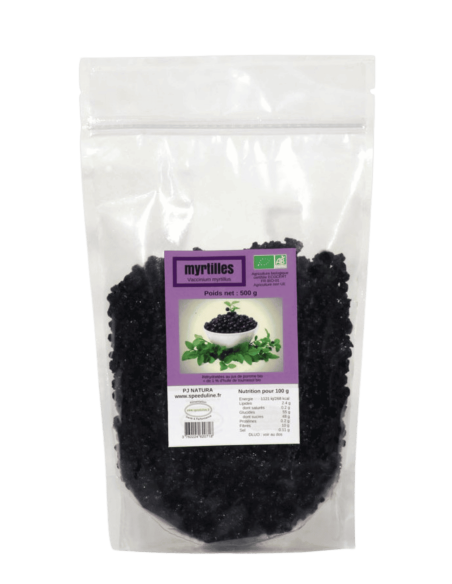 Myrtilles sauvages bio sachet 500 g, réhydratées au jus de pomme