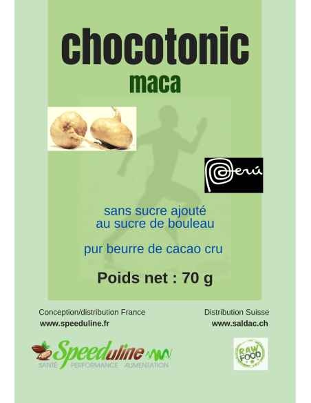 Chococru-Maca est un chocolat très riche en Maca bio du Pérou. Convient aux sportifs.