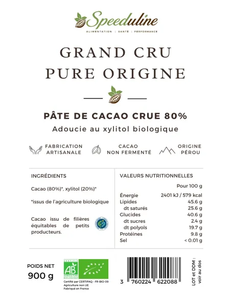 Bloc pâte de cacao cru non fermenté 80 % Bio